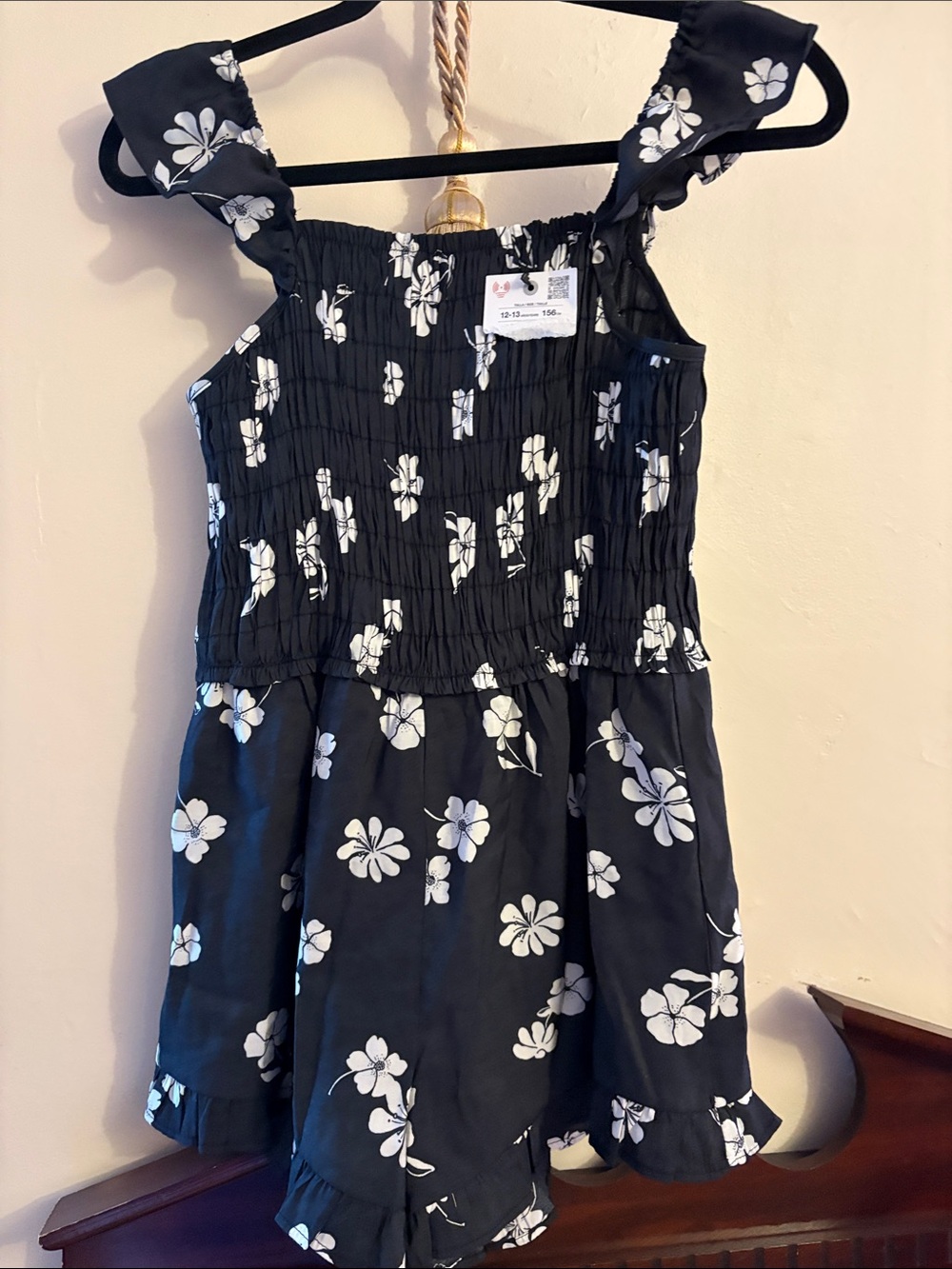 Zara Black Floral Smocked Romper with Ruffle Straps and White Blooms